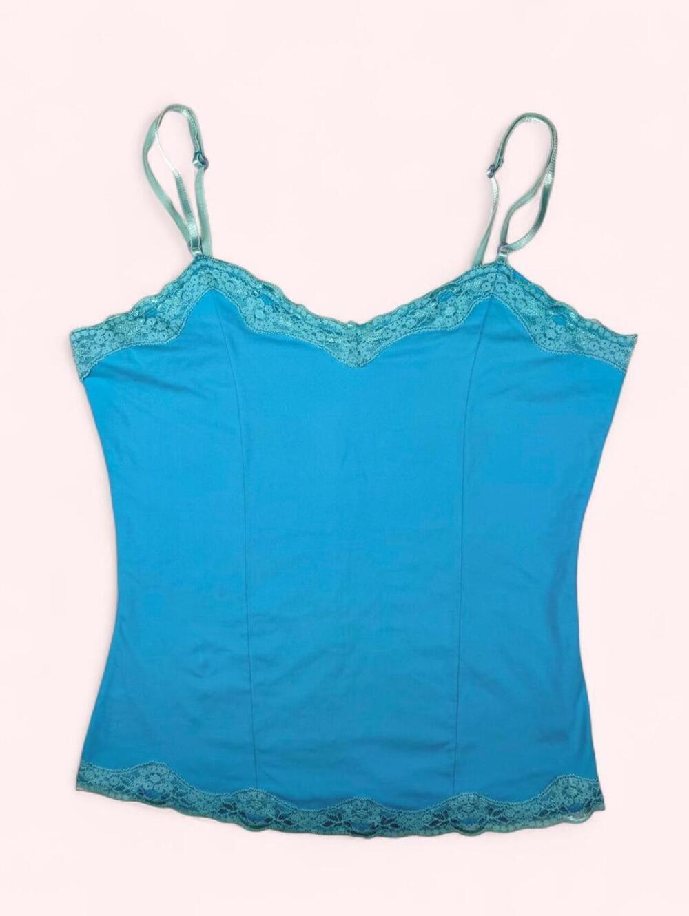 Blue lace cami top with lace trim